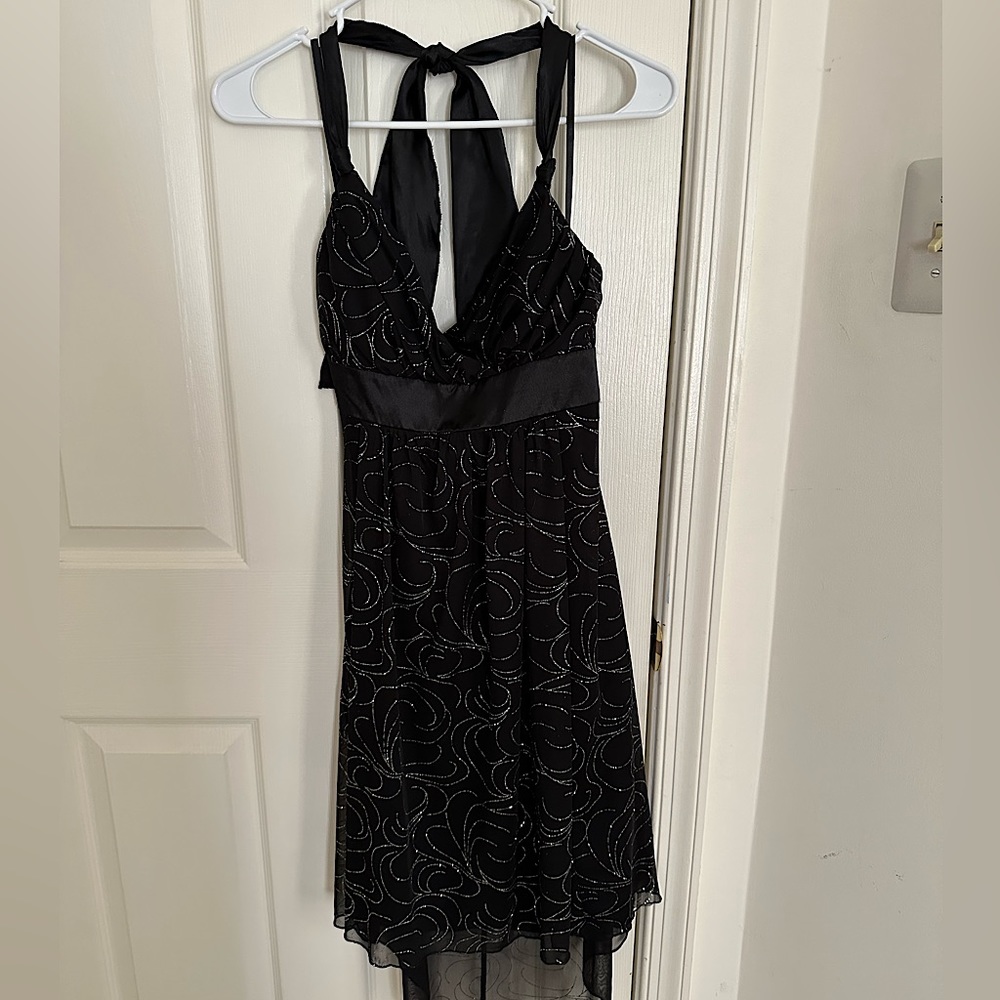 Formal black halter dress with silver sparkle design